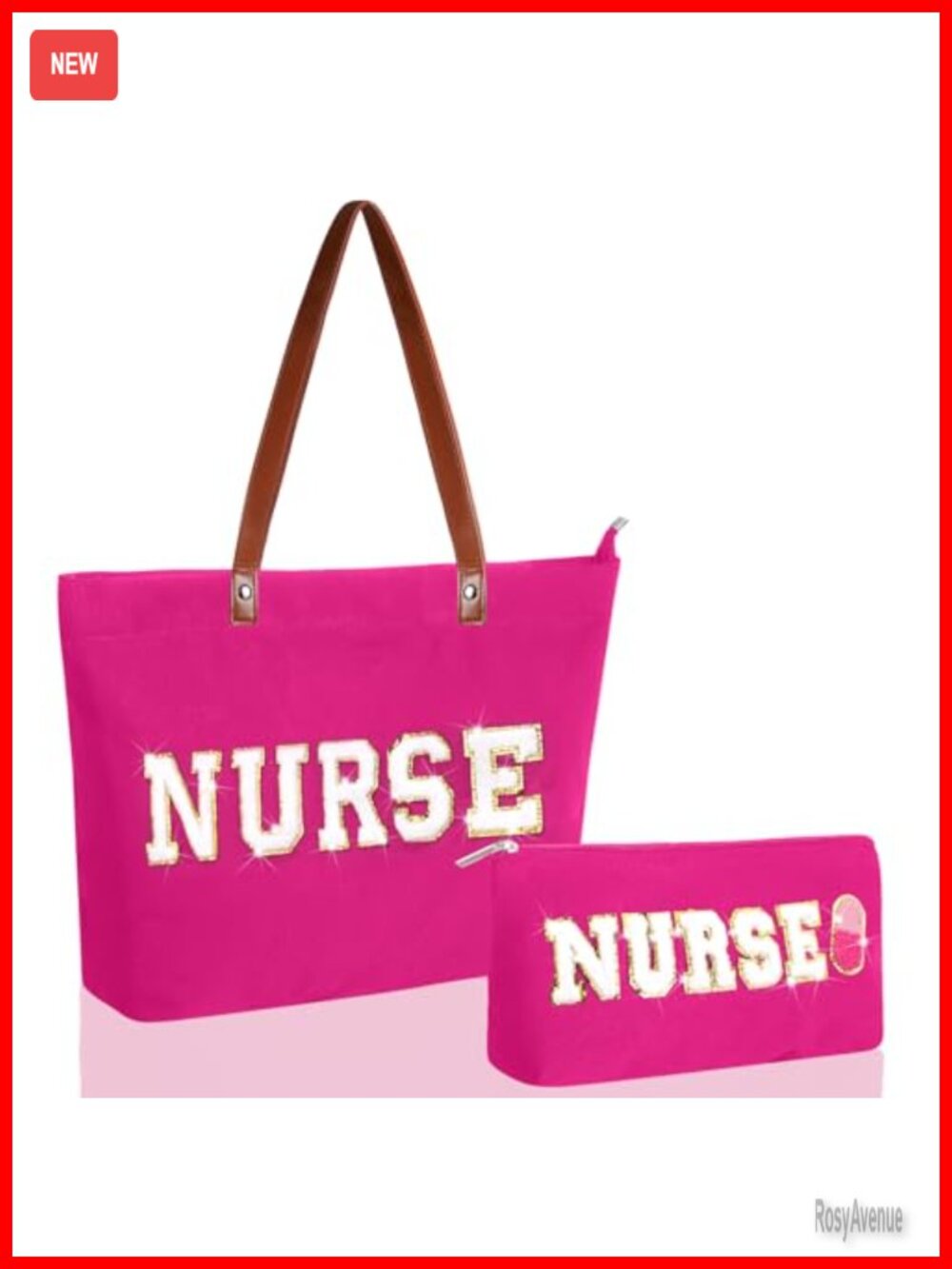 Canvas Chenille Tote Bag Set with Cosmetic Bag Leather Handles Teacher Gift
